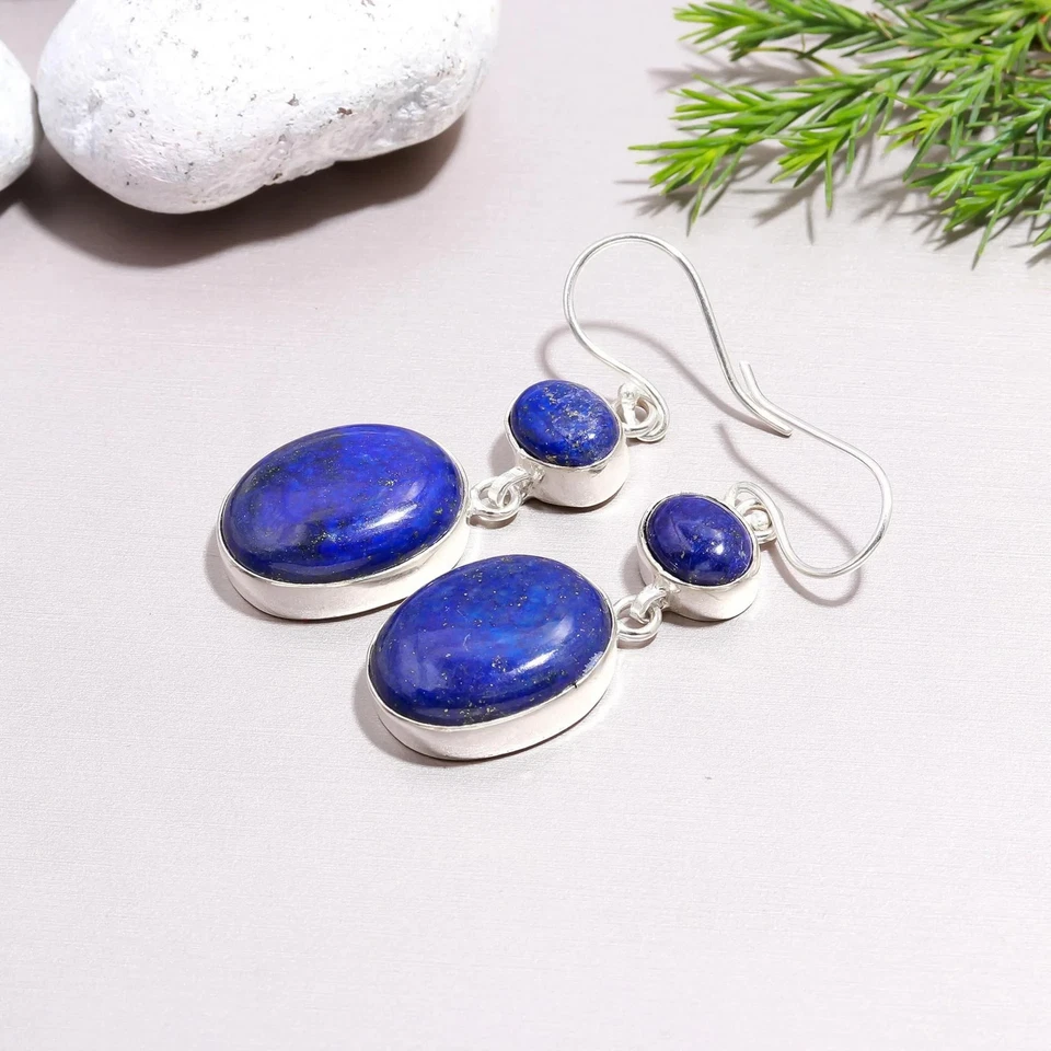 Orecchini Fatti A Mano In Argento Sterling 925 Con Gemma Di Lapis Lazuli AR-78 - Immagine 2 di 4