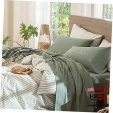 Sheet Set 100 Washed Cotton Linen-Like Extra Deep Pocket King Heathered Green
