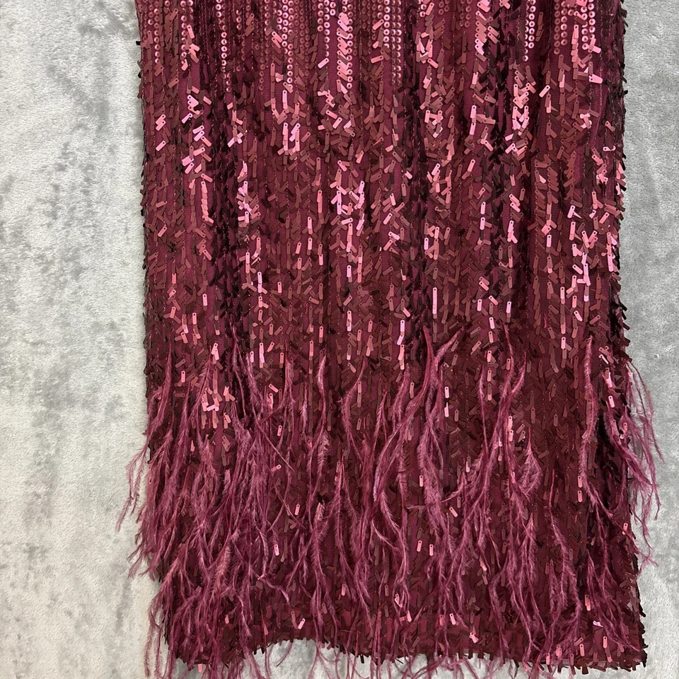 Vestido Jessica Simpson Mujer 6 Granate Lentejuelas Plumas Años 20’s Aleta Cóctel Foto 2 de 4