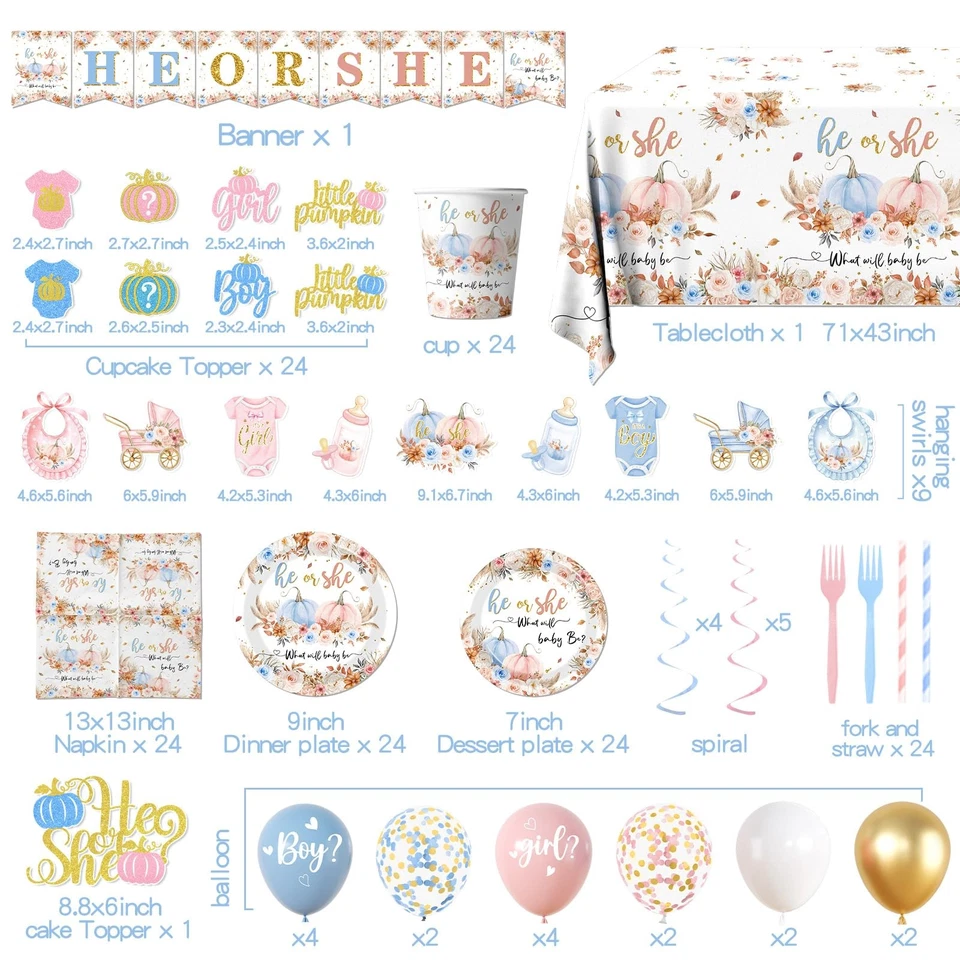 182 PCS Pumpkin Gender Reveal Decorations, Fall, He or She Plates, Napkins, Cups - Image 4 of 4