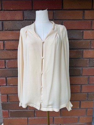 KBS Kansai Yamamoto Silk Blouse Button Up V-Neck 80s 90s | Cream | Size 10