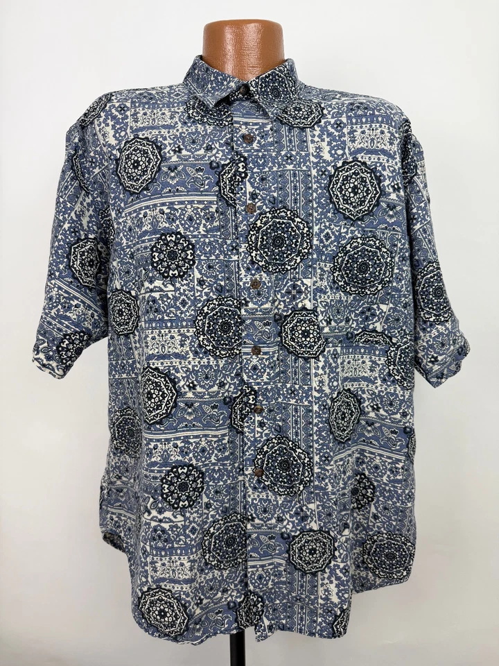Camisa Paisley Vintage Años 90 Hombres Grande Lino Algodón Geométrico Azul Roundtree Yorke Foto 2 de 4