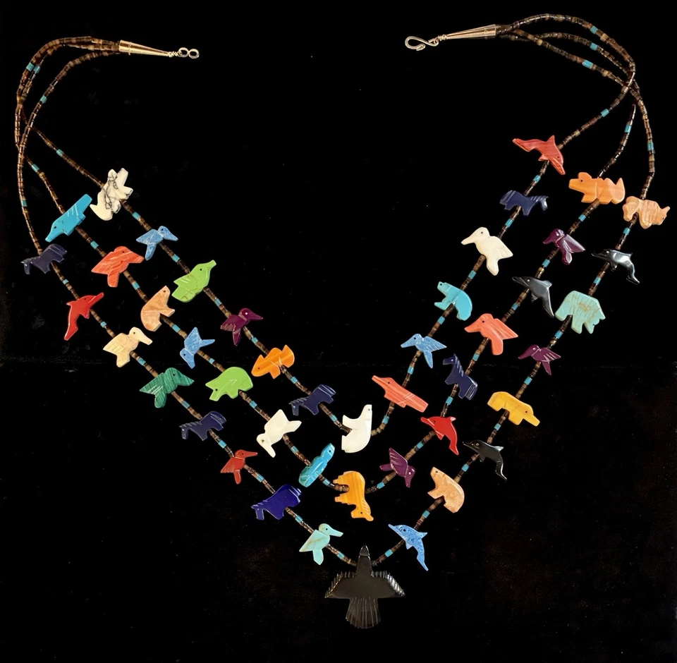 COLLAR FETICHE ANIMAL 45 VINTAGE 3 HEBRAS PÁJARO TURQUESA PLATA SUROESTE Foto 3 de 4