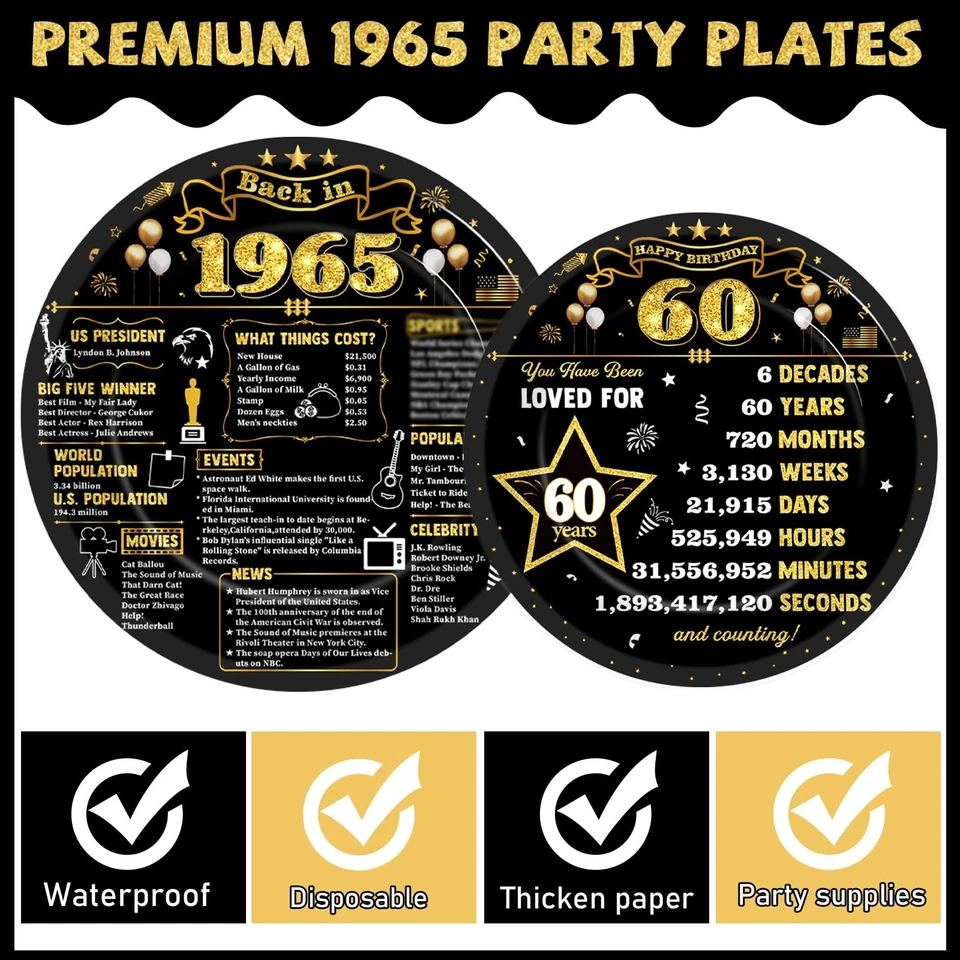 96 piezas platos y servilletas de 60 cumpleaños en 1965 decoraciones de fiesta negro G... Foto 3 de 4