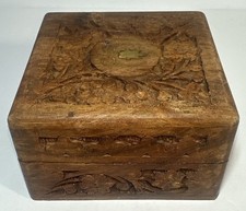 Vintage Hand Carved Wooden Trinket Jewelry Box w/ Inlay Made in India 4" square