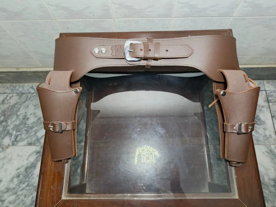 COWBOY REVOLVER LEATHER GUN HOLSTER BELT BROWN WESTERN Double Gun Holster New BE - Image 3 of 4