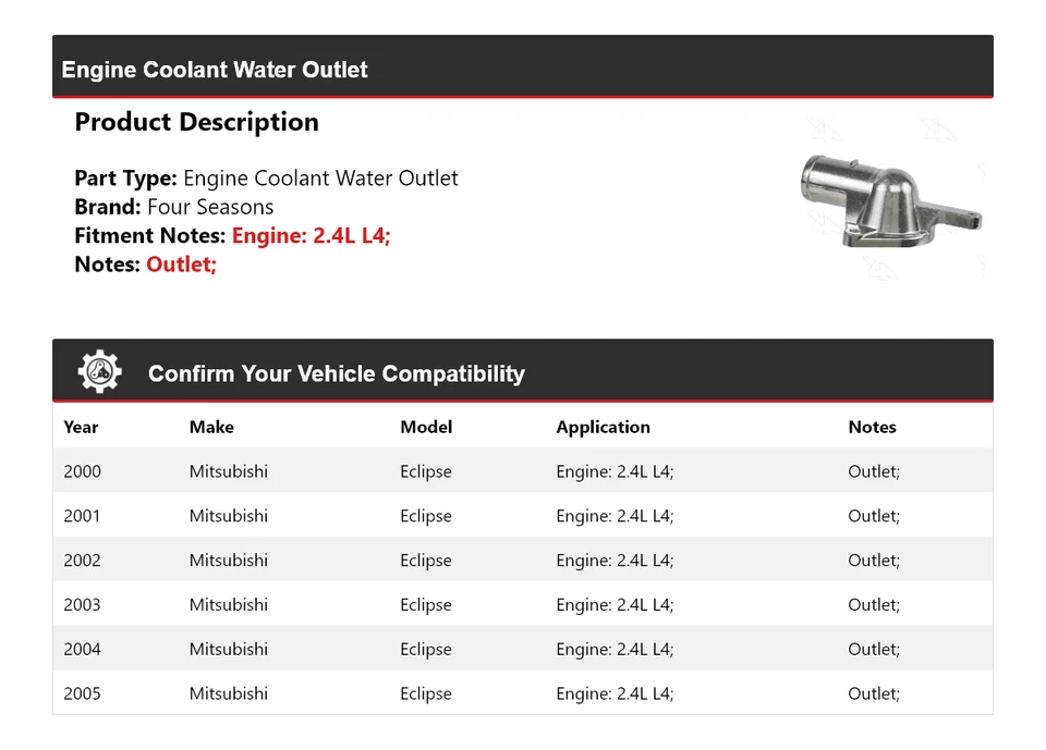Salida de agua refrigerante motor L4 2,4 L para Mitsubishi Eclipse 2000-2005 4 estaciones Foto 2 de 4