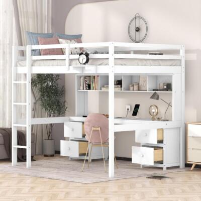 Sturdy and Durable Full Size Loft Bed with Desk Cabinets Drawers and Tray White