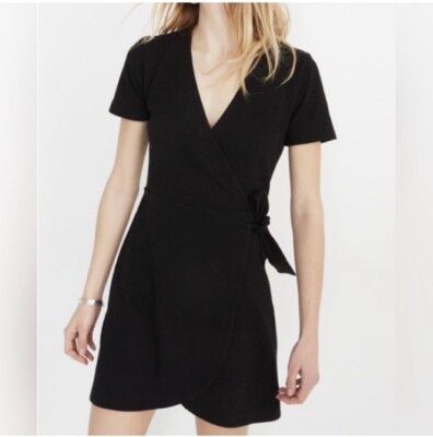 Madewell Texture & Thread Short Sleeve Side Tie Faux Wrap Black Mini Dress Sz XS