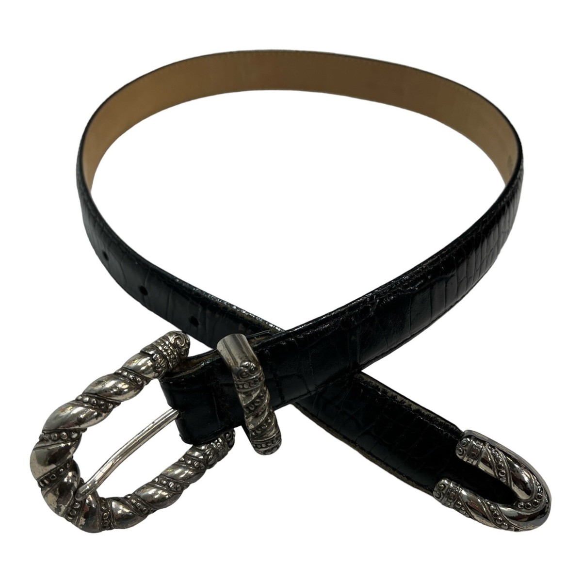 Vintage 90s Brighton Leather Belt Croc Embossed Silver