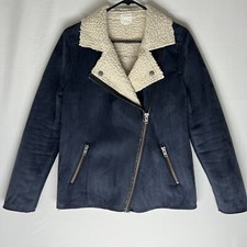 Leith Faux Suede Jacket Womens M Shearling Lined Asymmetric Zip Moto Jacket Blue