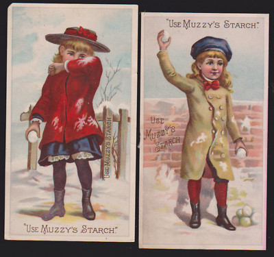 1880's ~ 2 MUZZY'S CORN STARCH TRADE CARDS, 2 CHILDREN IN A SNOWBALL FIGHT  V162