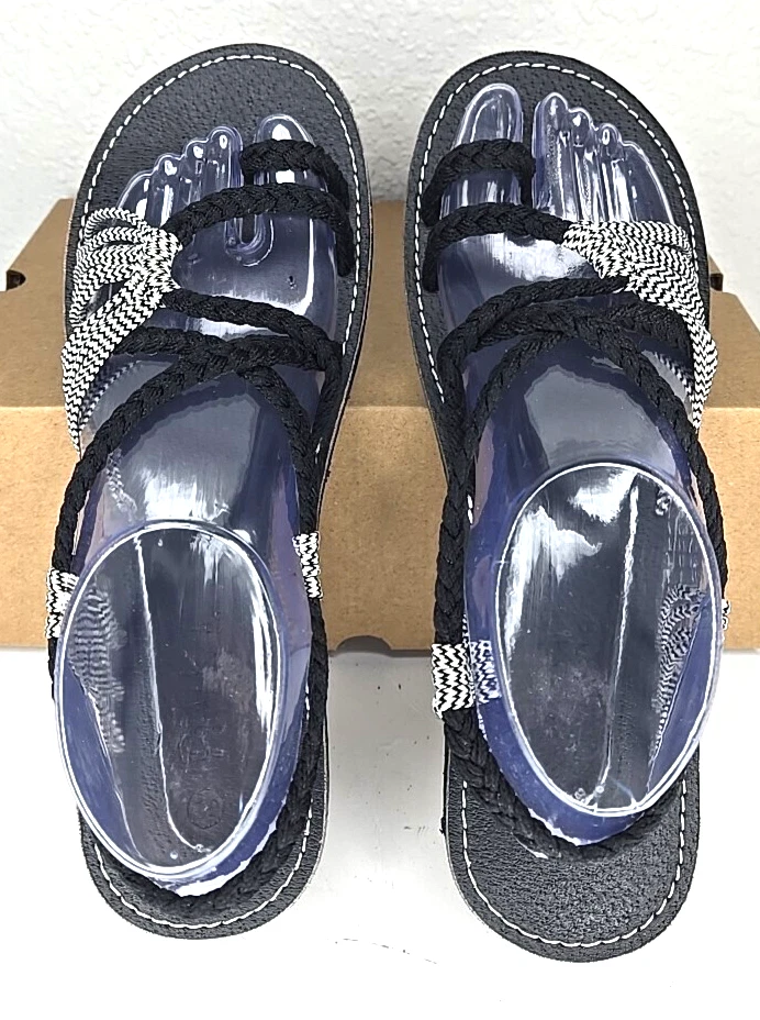 Sandalias planas para mujer Plaka hoja de palma talla 10 negras cebra playa boho (7) Foto 2 de 4