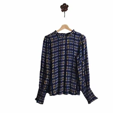 Rachel Zoe Small Rayon Viscose Geometric Blouson Sleeve Smocked Cuff Top Office