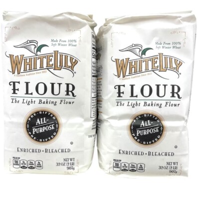 2 BAGS White Lily Enriched Bleached White All Purpose Flour 2 lb Bag