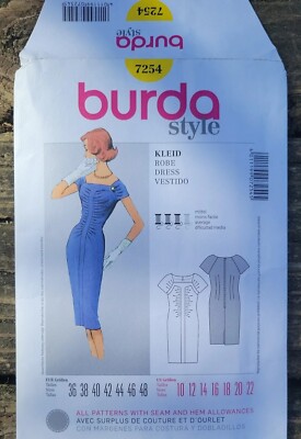 Burda 7254 Retro 50s Dress Fitted Slim Square Neck Ruched Uncut Pattern Sz 10-22