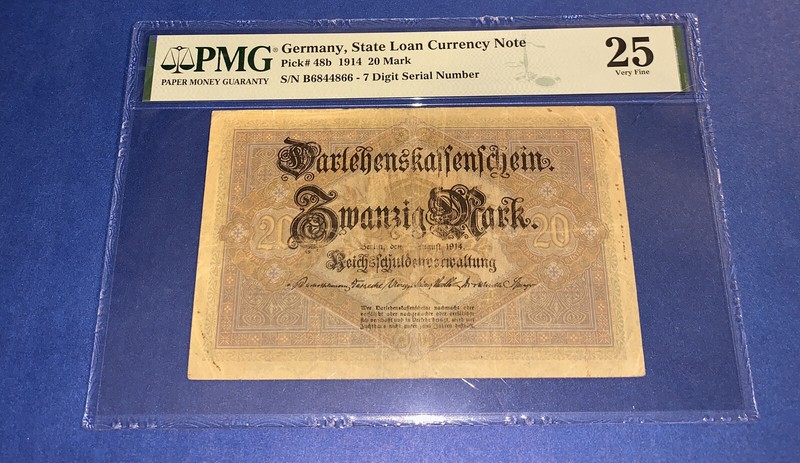 PMG Germany, State Loan Currency Note 20 Mark Banknote 1914 p48b VF 25