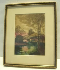 VINTAGE Colored Etching AQUATINT CORFE Castle DORSET ENGLAND Framed Art 9X12