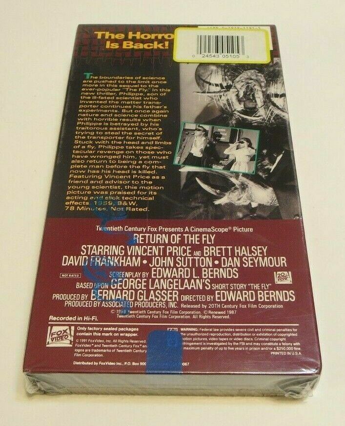 RETURN OF THE FLY VHS video tape FACTORY SEALED New movie reel watermark seal Hoog gewaardeerd