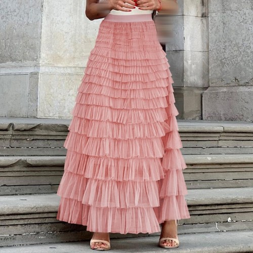 Women's Elastic High Waist Mesh Tulle Tutu Skirt Layered Pleated Maxi Long Dress - Picture 8 of 15