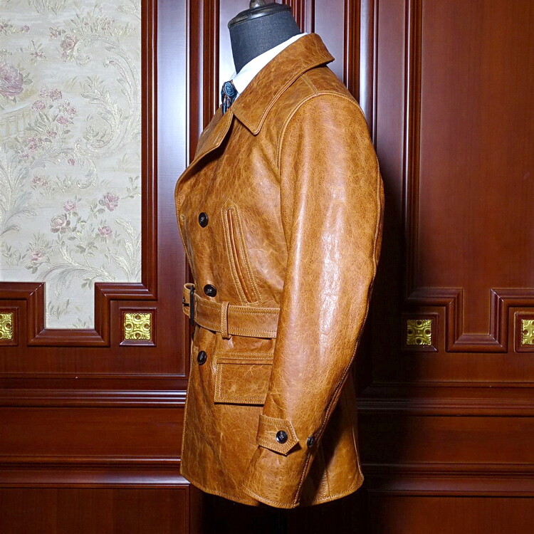 Mens Retro Double Breasted Belted Peacoat Horsehide Leather