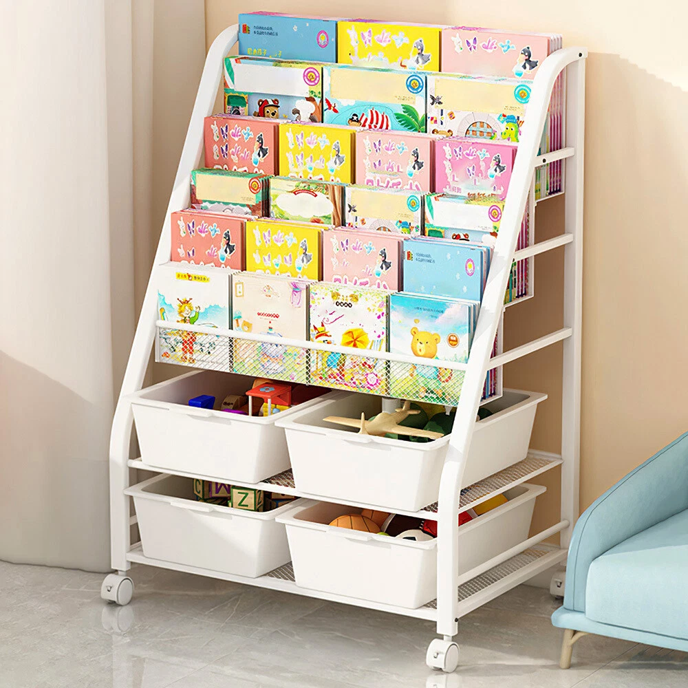 Children Kids Book Shelf Sling Storage Rack Organizer Bookcase with Storage Box