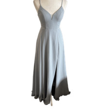 Azazie size a0 grey blue v neck lace sheer panel formal gown