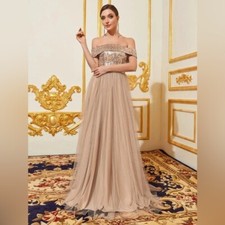 Faeriesty Sequin Bodice Tulle Prom Dress Off Shoulder Formal Gown Evening Party