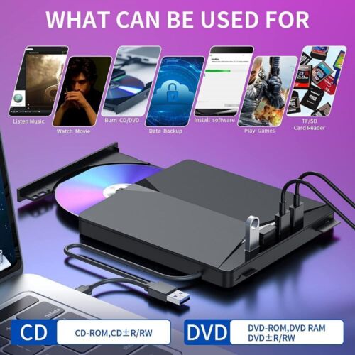 External CD DVD Drive USB 3.0 Writer Burner Reader Player for Windows 7/8/10/11 - Picture 2 of 12