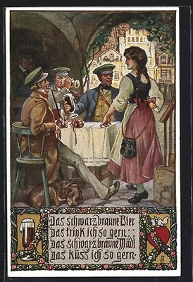 AK Männer trinken Schwarzbier & rauchen Pfeife, Hund, Herz mit weißen Tauben, S 