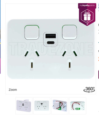 Clipsal 10 Amp ICONIC Double Internal Powerpoint 1 x USB A x USB-C 3025USBAC-VW