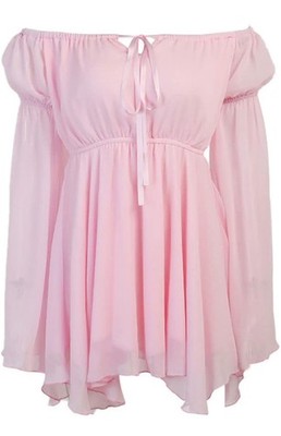XKBHYD Ladies Girls Off Shoulder Bell Sleeve Chiffon Dress Pink L(small)