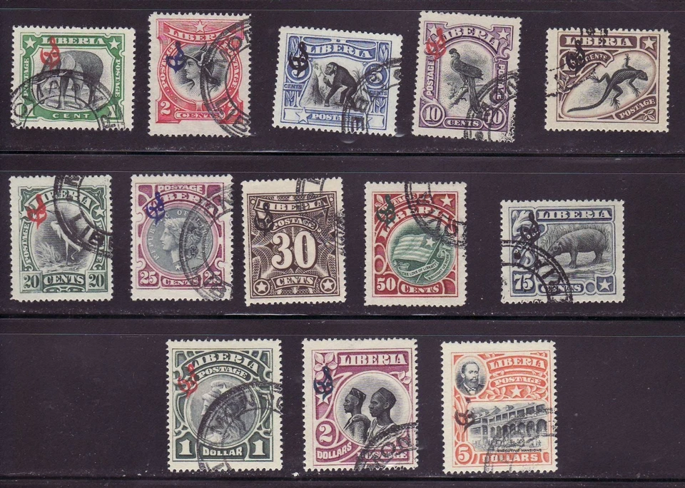 Liberia # O46-58 CTO 1906 Set Elephant, Chimp, Bird, Lizard, Hippo - Image 1 of 1