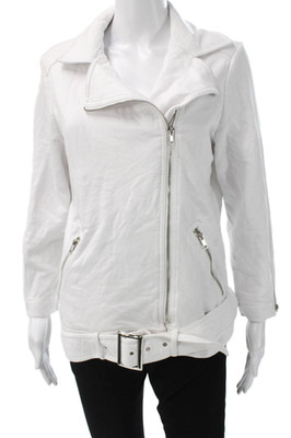 Neiman Marcus Women Biker Motorcycle Jacket White Buckle Collared Size L