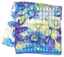 Vtg Scarf Approx 13" X 58" Rectangle Floral Blue Green Purple Retro Semi Sheer