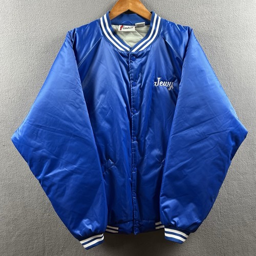 Vintage Cardinal Satin Varsity Jacket Mens 2XL Blue Snap Lined USA Chain Stitch