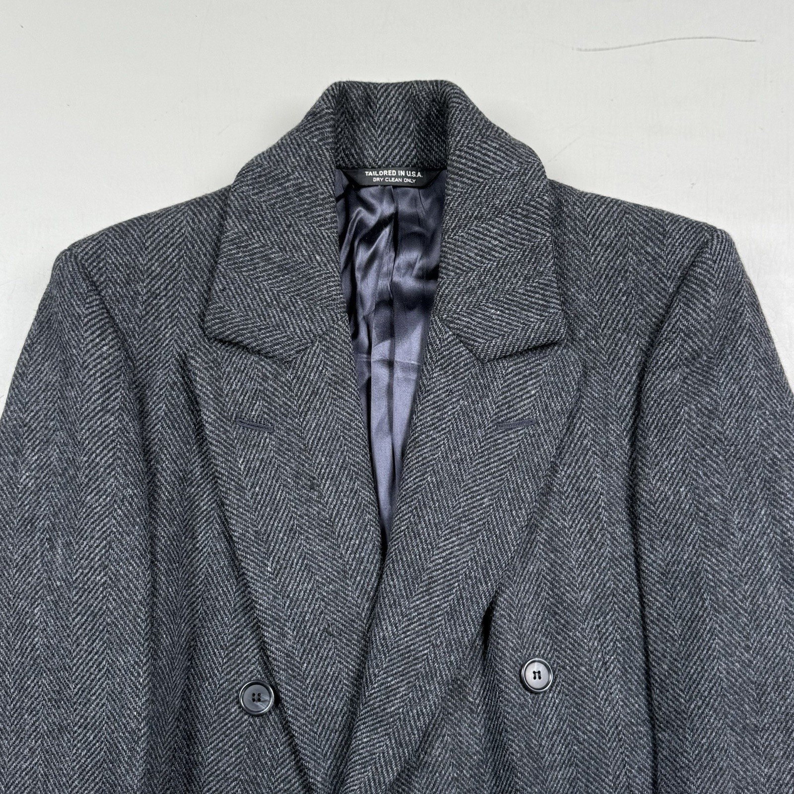Vintg. Herringbone Tweed Wool Peak Lapel Double Breasted Long Coat BASKIN Sz: 40