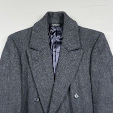 Vintg. Herringbone Tweed Wool Peak Lapel Double Breasted Long Coat BASKIN Sz: 40