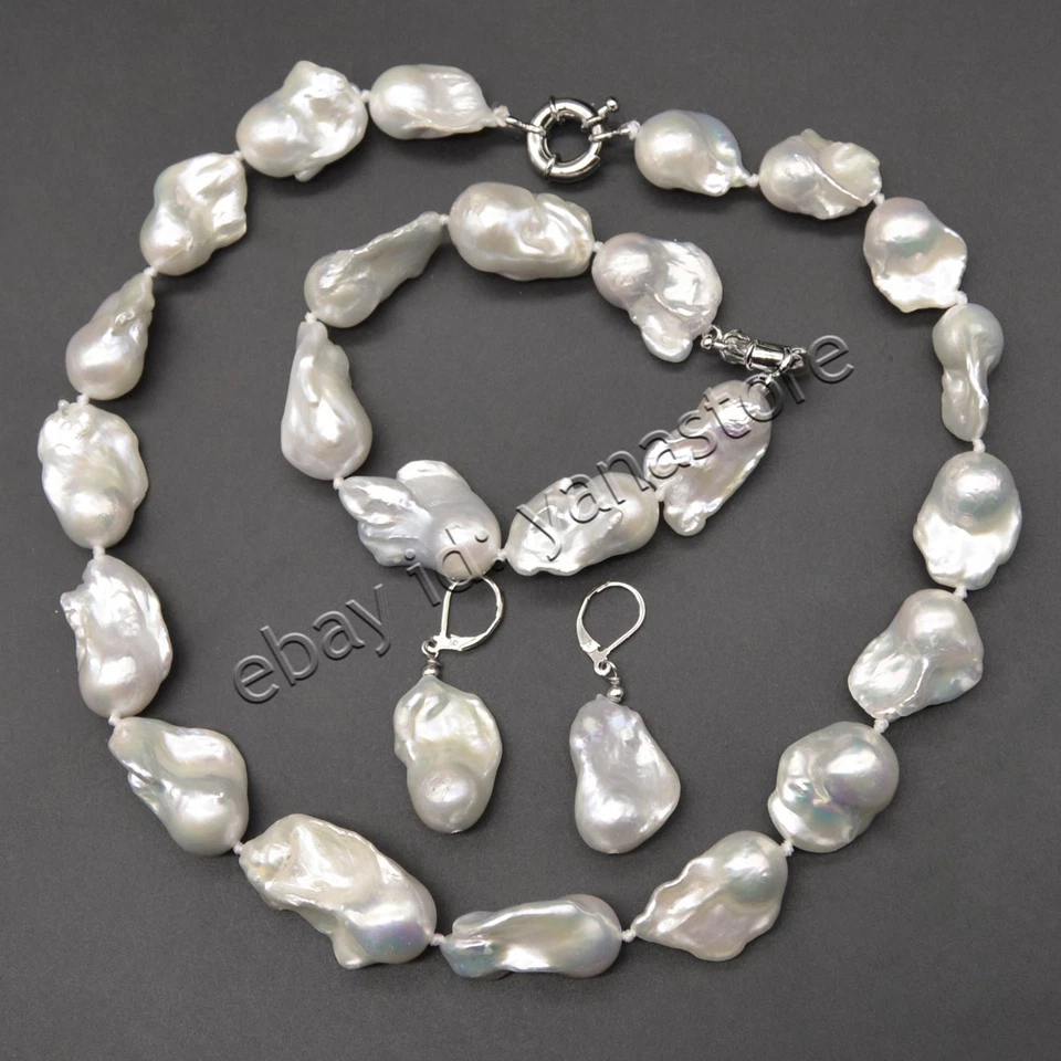 Riesige Natürliche Weiß Südsee Barock Keshi Perle Halskette Armband Ohrringe Set - Bild 2 von 4