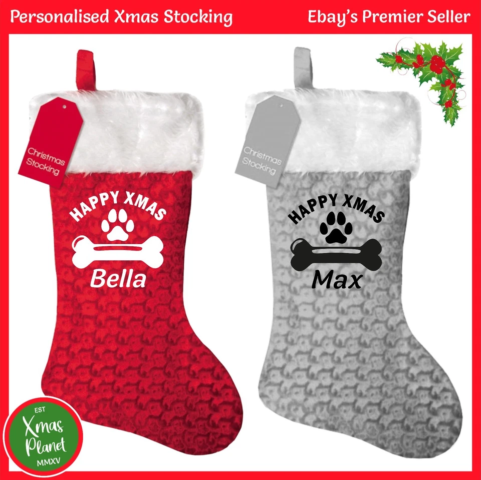 FOREVER CHRISTMAS DOG PET PERSONALISED Christmas Stocking, Happy Xmas, Dog Bone and Paw, doggy