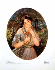 Antique Old Print Flora George Baxter Beautiful Lady Floral Garland Neck 1924