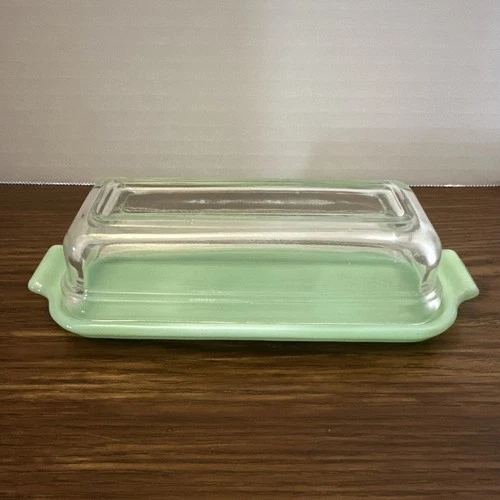 RARE 1940s Fire-King Jadite Butter Dish Clear Glass Lid Vintage Anchor Hocking