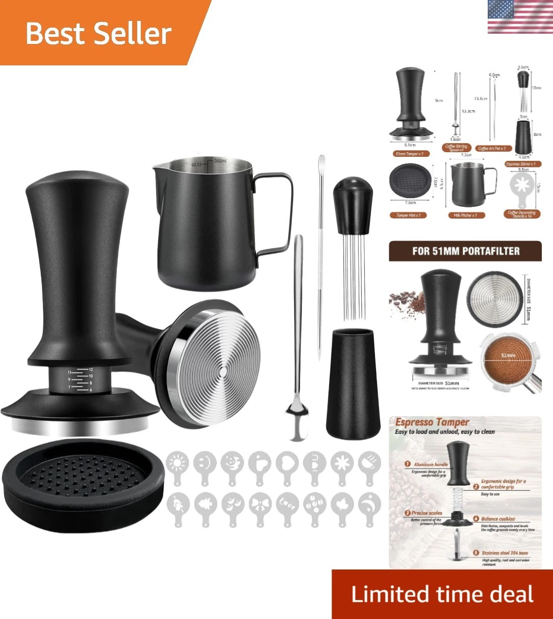 Coffee Tamper Set 51mm Espresso Barista Kit Frothing Pitcher Stencils