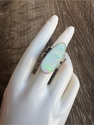 Sterling Silver Opal-Inlay Statement Ring - White Opalescent Size 6.5