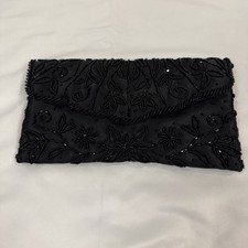 Vintage Black Beaded Clutch Evening Bag Floral Seed Bead Wrist Ring Purse