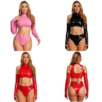 Women Set Wet Look Nightwear For Underwear Adjustable Outfits Shiny Lingerie