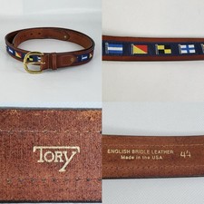 Tory Belt Mens Sz 44 English Bridle Leather Brown Brass 2533 Flags Nautical Vtg