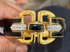 Signed Vintage 80s Cindy Adams Black Gold Enamel Crystal 7 1/2” Bangle Bracelet