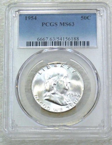1954 P Franklin Half Dollar PCGS MS63 Frosty White 95% FBL PQ New Holder #J253A