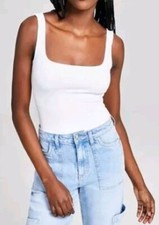 AND NOW THIS SzS Square-Neck Sleeveless Thong Bodysuit Snap Button Stretch White